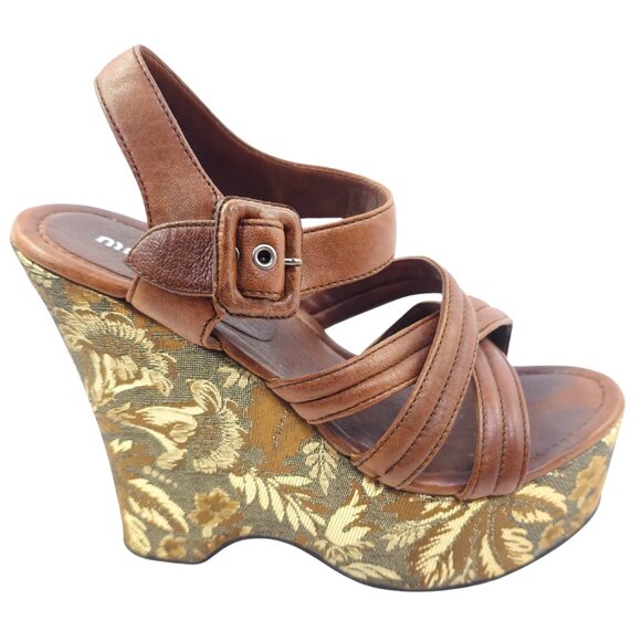 Miu Miu Women's Brown & Gold Jacquard Fabric & Leather Platform Wedge Sandals - Picture 7 of 11
